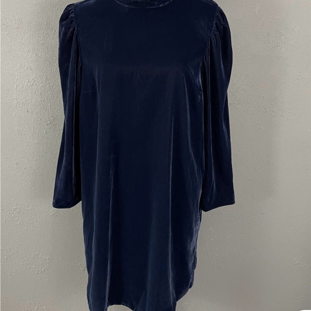 GAP Mockneck Mini Dress Size L Tall Navy Blue Velvet Long Puff Sleeve Soft